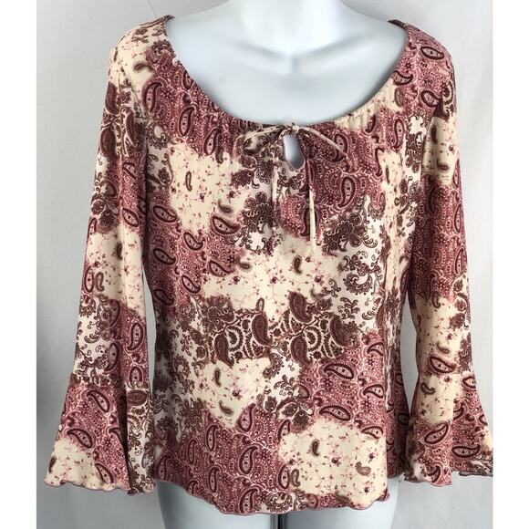 Vtg peasant top M mauve/ivory paisley tie keyhole flare 3/4 sleeve fairy Boho - Picture 5 of 5